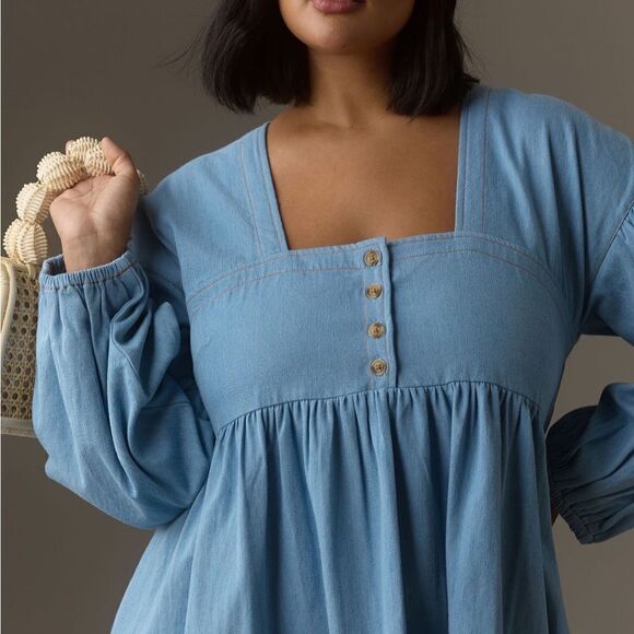 By Anthropologie Long-Sleeve Square-Neck
Denim Babydoll Mini Dress |Size: Medium - Picture 6 of 7